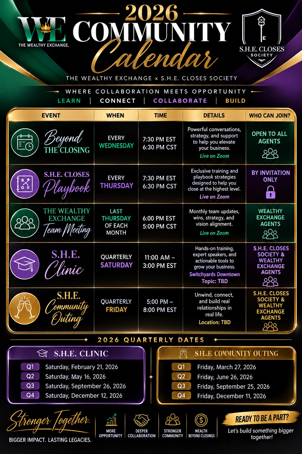 2026 S.H.E. Closes Society and The Wealthy Exchange community calendar with weekly and quarterly events